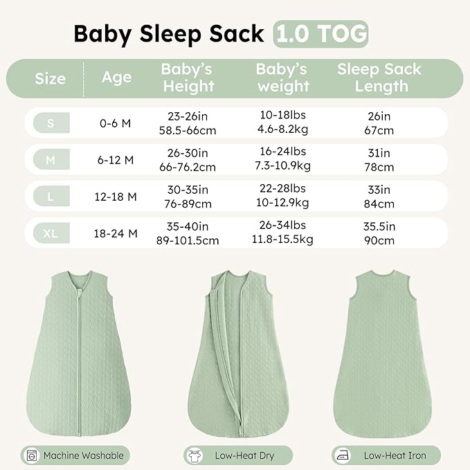 Unnivoll Baby Sleep Sack 0-6 Months 1.0 Tog Baby Wearable Blanket Cotton Sleeping Sack Quilted Baby Sleep Bag with 2-Way Zipper for Infant Newborn Green