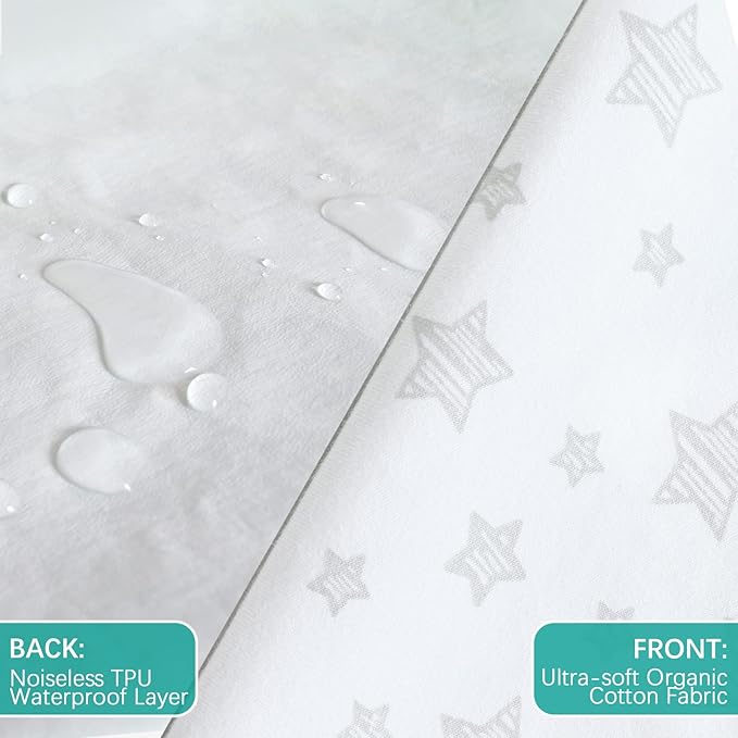 Waterproof Crib Sheets 2 Pack, 100% Cotton Crib Mattress Protector, Fitted Crib Sheet, Ultra Soft & Breathable Toddler Bed Cover for Boys and Girls, White & Grey Star Print