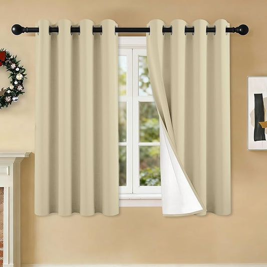 100% Blackout Curtains 54 Inch Length for Bedroom Living Room, Grommet Thermal Insulated Room Darkening Drapes, Light Blocking Window Treatment Decor, 2 Panels, 54x54, Beige