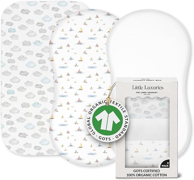 100% Organic Cotton Bassinet Sheets 3-Pack - Fits Baby Delight, Halo Bassinest Swivel Sleeper, Graco & Chicco Bassinet Mattress - Breathable Fitted Bedside Sleeper Sheets for Girls & Boys (33"x17")