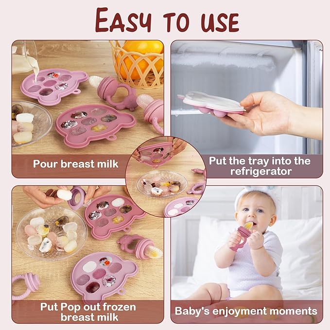 WAJIAYON Baby Breastmilk Popsicle Molds & Baby Fruit Feeder (4 Pack), Infant Food Freezer Tray Storage Containers, Silicone Teething Pacifier Feeder and Teether for Babies,Silicone Feeder(Pink)