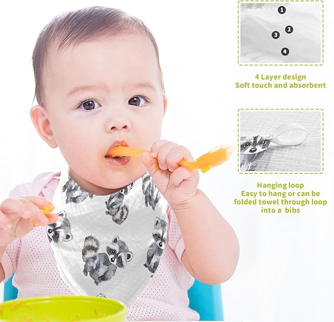 vvfelixl Baby Muslin Washcloths Little Raccoon Baby Burp Cloths Cotton Babys Face Towel for Newborn Infants Boys Girls Soft and Absorbent 11.8 X 11.8 in, 3 Pack