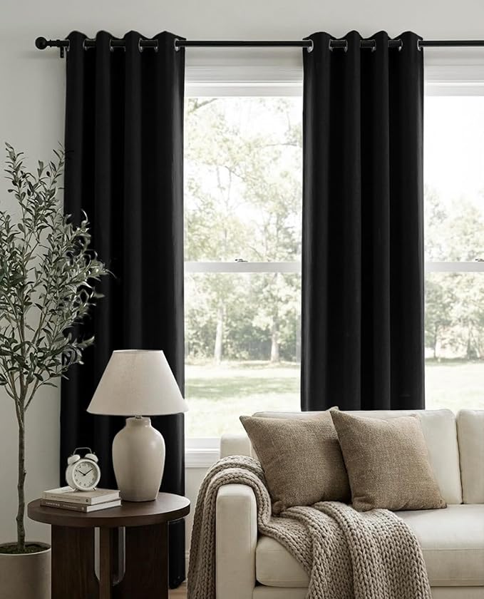100% Blackout Shield Linen Blackout Curtains for Bedroom, Black Grommet Curtains for Living Room, Thermal Insulated Room Darkening Drapes for Nursery, Boho Home Decor, 50" W x 102" L, 2 Panels