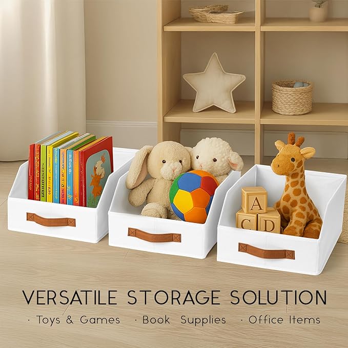 Fabric Storage Bins for Organizing - 4 Pack Large Trapezoid Collapsible Storage Bins with Front Handle, Closet Organizers and Storage for Bedroom, Home Shelves, Small Spaces, White