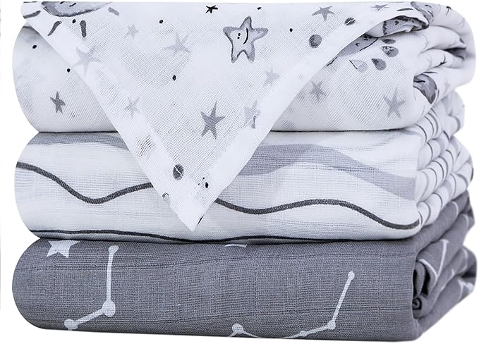Little Grape Land Muslin Swaddle Blankets 47''x47'' 3 Pack, 100% Cotton Large Size Baby Swaddles for Newborn, Soft Breathable Baby Blankets for Newborns, Stars/Grey