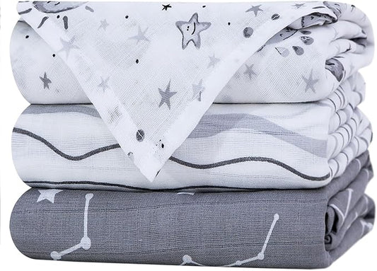 Little Grape Land Muslin Swaddle Blankets 47''x47'' 3 Pack, 100% Cotton Large Size Baby Swaddles for Newborn, Soft Breathable Baby Blankets for Newborns, Stars/Grey
