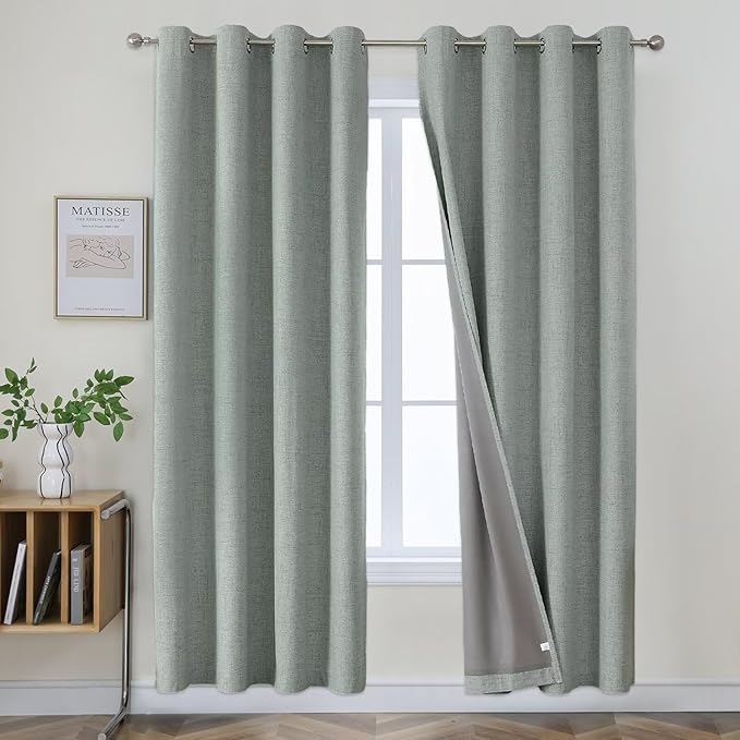 Joydeco Sage Green, Linen 100% Blackout Curtains for Bedroom 2 Panels Set, Burlap Grommet Room Darkening Textured Drapes for Living Room (42x84 inch, Sage Green)