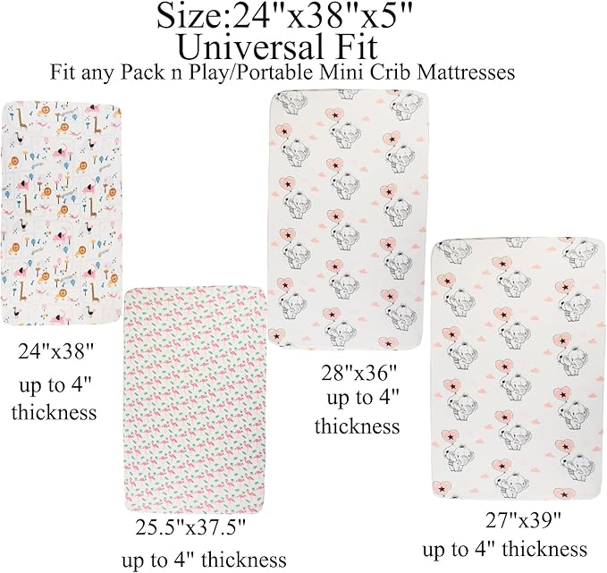 Pack n Play Sheet Stretchy Fitted Portable Mini Crib Sheets Set 3 Pack,Playard Sheets Convertible Playard Mattress Cover,Ultra Soft Jersey Material,Flamingo Elephant & Lion