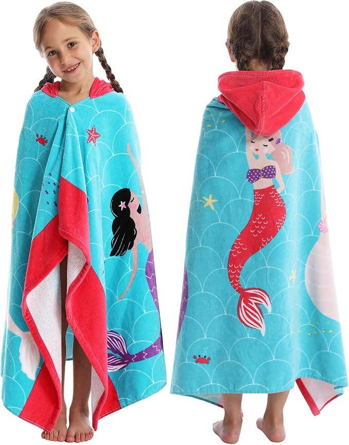 BANGSAUR Hooded Towel for Kids, 100% Cotton Soft and Absorbent, Pool Bath Beach Swim Towel Wrap, Bathrobe Coverups for Girls and Boys, Extra Large:30"×50"(Mermaid)