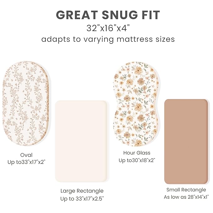 Konssy 3 Pack Stretchy Bassinet Sheets for Baby Girl Boy, Soft Breathable Baby Bassinet Mattress Sheets Fit for Hourglass Oval Cradle, Moses Basket Rectangle Mattress (Flutter Garden)
