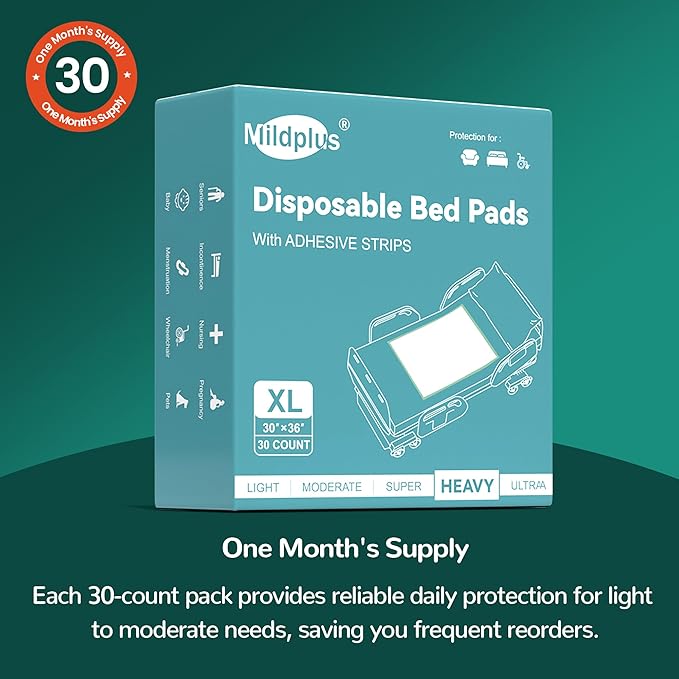 MILDPLUS Bed Pads with Adhesive Strips 30''X36'', 30 Count | Extra Large XL Underpads | Secure & Waterproof Chucks for Incontinence Care | for Adults, Seniors, Kids & Pets