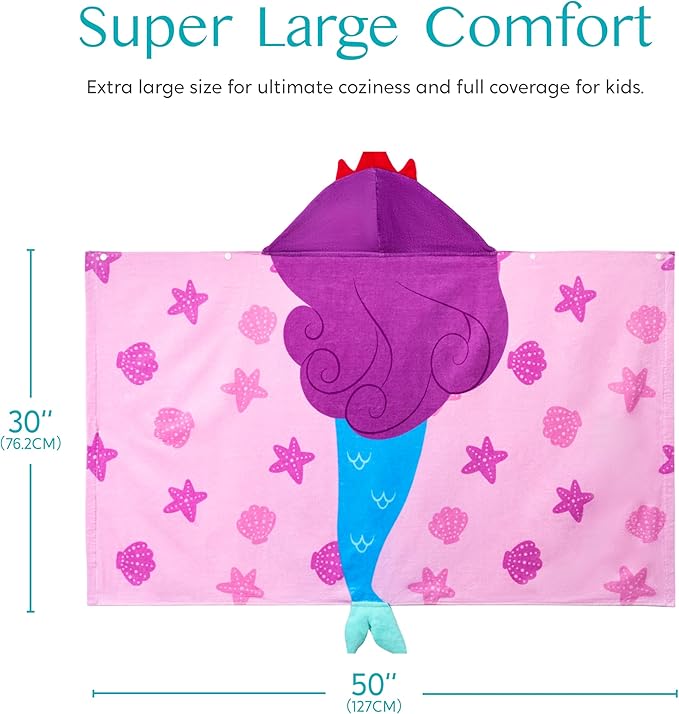 Joiedomi Mermaid Hooded Towel for Kids Soft 100% Cotton Bath Beach Towel 30" x 50" for Kids 3-10 Years Toddler Pool Poncho with Hood Absorbent Swim Wrap for Boys Girls