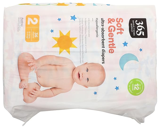 365 by Whole Foods Market, Soft & Gentle Size 2 Diapers with Wetness Indicator, Ultra-Absorbent, Hypo-Allergenic, 36 Count