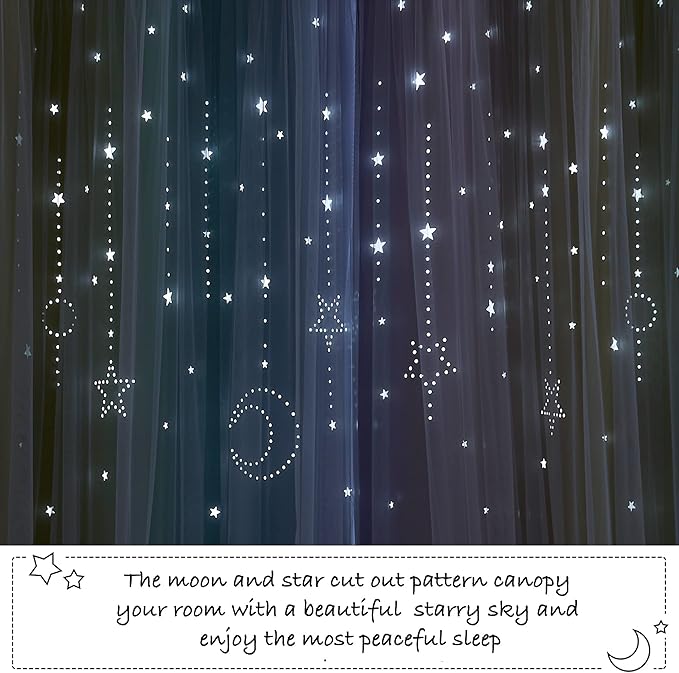 NICETOWN Moon Star Curtains for Nursery, Double Layer Rainbow Blackout Grommet Ombre Curtains with Sheer for Living Room, Nursery, Girls Bedroom 1 Pair, 52W x 84L, Teal & Purple