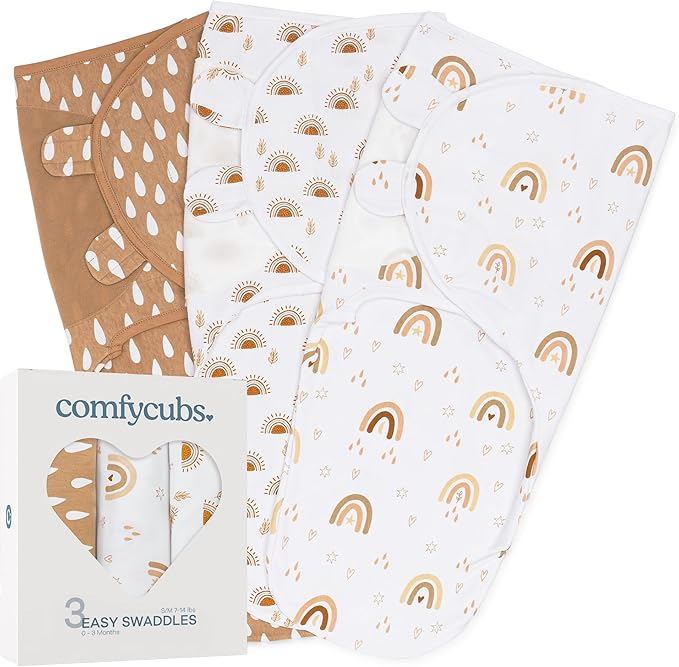 Comfy Cubs Easy Swaddle Blanket, 3 Pack - 100% Cotton Newborn Wrap, Small for 0-3 Months Infants, with Adjustable Velcro, Breathable and Durable Sleep Sack for Babies - Rainbow Bohemian