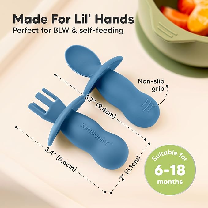 KeaBabies 4-Pack Silicone Baby Spoons and Forks Set - Baby Led Weaning Utensils 6-12 Months, Self Feeding Toddler Spoon & Fork for Training, Teething, Easy to Hold, BPA-Free Silicone (Kea)