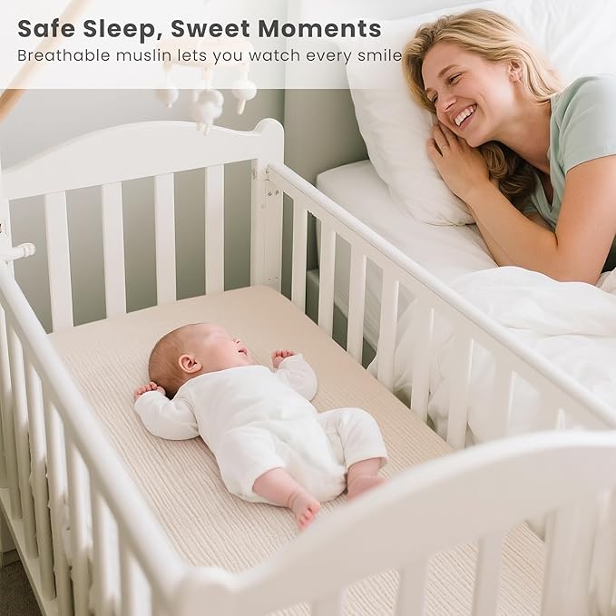 Konssy Muslin Fitted Bassinet Sheets 2 Pack for Baby Girl Boy, Soft Bedside Sleeper Bassinet Sheets Fit for Baby Bassinets, Moses Basket Oval Rectangle Pad/Mattress