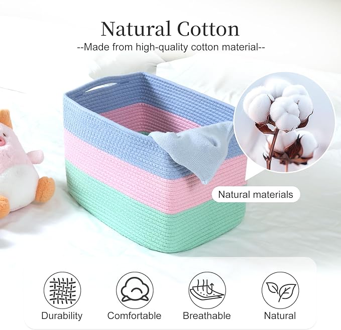 Hopegiver Rainbow Storage Baskets Set of 3, Cotton Rope Toy Storage Bins with Handles, Colorful Woven Nursery & Kids Playroom Organizer Baskets