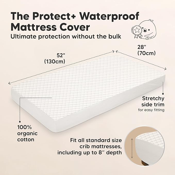 2-Pack Waterproof Crib Mattress Protector Cover Fitted - Quiet Baby Crib Mattress Pad Sheets, 52" x 28" Soft Quilted Cotton Baby Sheet, Machine Washable, Easy Fit, Durable (Soft White/Quin)