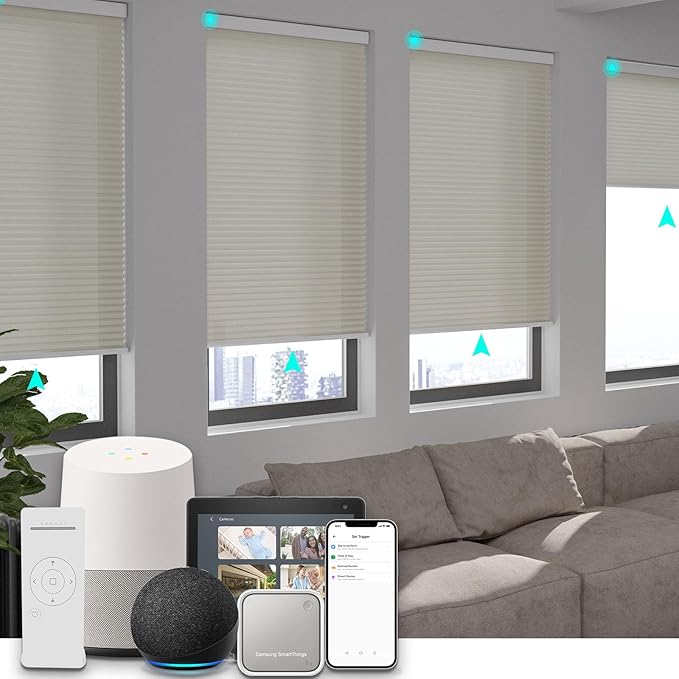 Changshade Motorized Cellular Shades With Remote Control Smart Blinds Work With Alexa, Google Home, Smarthings, Custom Size Electronic Automatic Shades for Indoor Windows Doors, Light Filtering, Beige