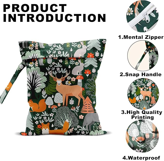 Forest Animal Wet Bags 12x10 Inch, Cottage Core Botanical Waterproof Travel Laundry Bags, Squirrel Fox Wolf Reusable Wet Dry Bag for Swimsuit Pool Beach Diapers Dirty Yoga Gym Clothes
