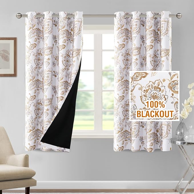 H.VERSAILTEX 100% Blackout Curtains for Bedroom Paisley Floral Printed Curtains 63 Inches Long Grommet Curtains & Drapes Thermal Curtains Window Treatments with Black Liner 2 Panels, Taupe