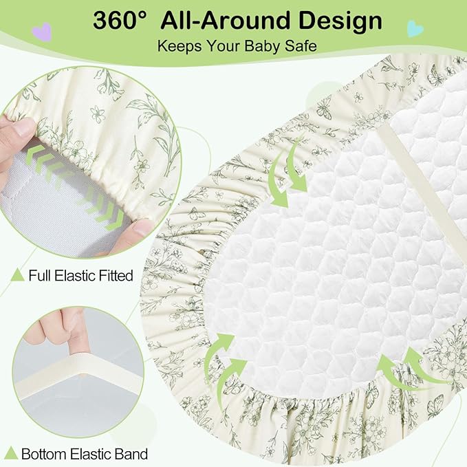 FIOBEE Baby Bassinet Sheets for Girls Boys 2 Pack Waterproof Bassinet Mattress Elastic Fitted Crib Sheets Universal Fit for Hourglass Oval and Rectangle Bassinet Sheet, Green