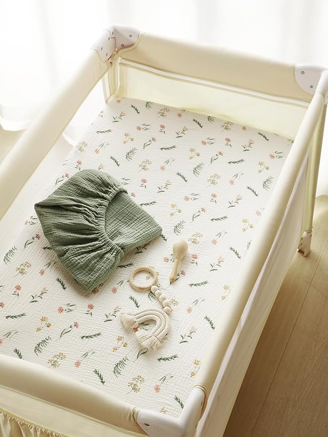 TILLYOU Muslin Mini Crib Sheets 2 Pack, Pack and Play Mattress Sheets Fitted for Pack N Play, 38'' x 26'' Sheet for Toddler, Daisy