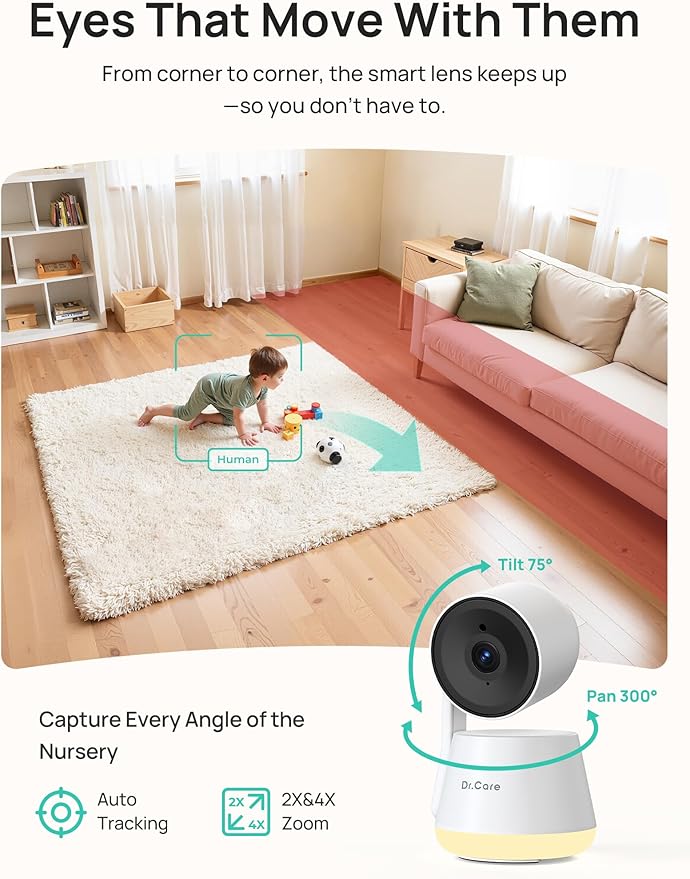Dr.Care 5" Smart WiFi Baby Monitor - 1080P Split Screen & 2K Camera，Privacy Mode, Multi-User, 5000mAh Removable Battery, RGB Night Light, Cry & Motion Alerts, App Control, HD Night Vision