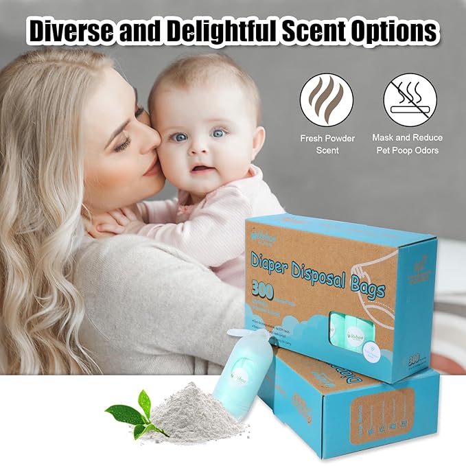 USBOO Diaper Bags Disposable for Baby - 20 Refill Rolls (300 Pack) Diaper Trash Bags with Dispenser, Diaper Bag Accessory, Fresh Powder Scent