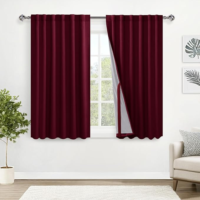 XWZO 100% Blackout Window Curtains - Thermal Insulated & Noise Reduction Black Liner Window Treatment Sewn with Tiebacks for Bedroom/Living Room, Rod Pocket & Back Tab, Burgundy, W52 x L54, Set of 2