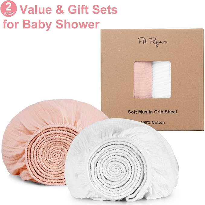 PET REJOIR 2 Pack Muslin Fitted Crib Sheets for Baby Girls & Boys-Neutral Breathable Crib Mattress Protector for Standard Crib Mattress (28"x 52")-Soft No Slip Toddler Cotton Bedding-Blush & White