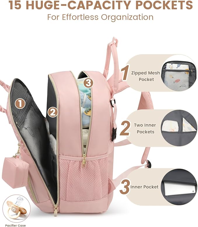 Diaper Bag Backpack,Baby Essentials Diapers Bag with Pacifier Case,Multipurpose Stylish Large Capacity Travel Backpack for Baby Girl/Boy(L-Pink)