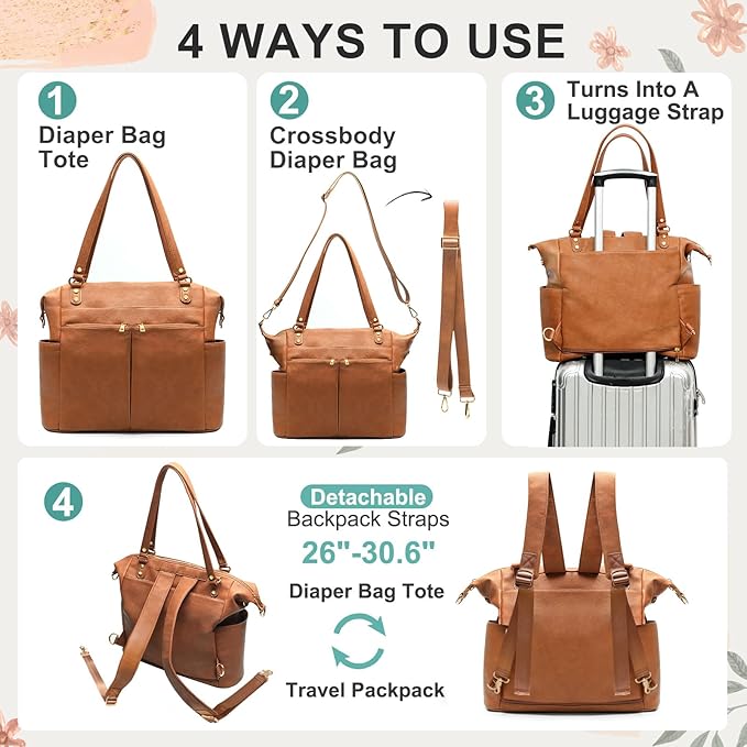 MOMINSIDE Diaper Bag Tote, 4 in 1 Leather Diaper Bag Backpack with 13 Pockets, Convertible Baby Bag for Boys Girls,Diaper Bags Baby Registry, Changing Pad, 4 Large Insulated Pockets(Brown)