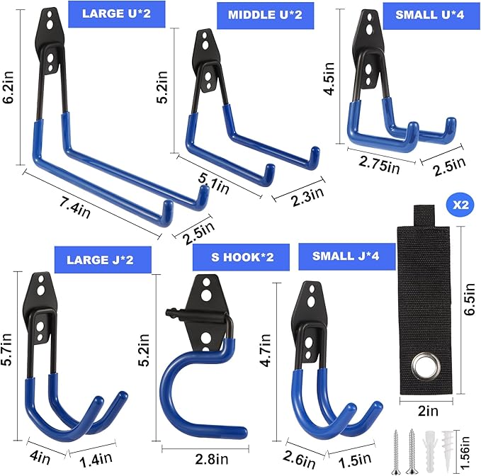 Garage Hook Heavy Duty Wall Storage Hangers, 18 Pack Garage Storage Hooks Steel Tool Blue for Ladders, Ropes, Garden Tools