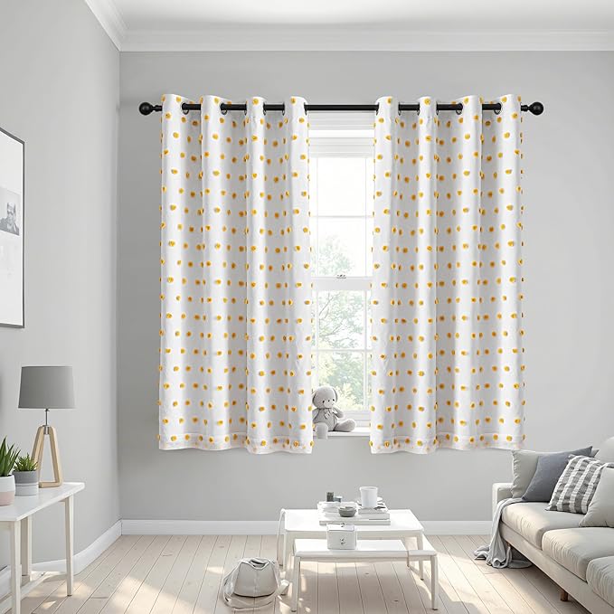MEETSKY 100% Blackout Curtains for Girls Bedroom 63 Inch Length 2 Panels,Total Light Blocking Yellow White Pom Pom Curtains for Kids Room Darkening Window 2 Layered Drapes, Mustard Yellow, 52W x 63L