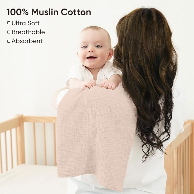 Bearmoss 100% Cotton Muslin Burp Cloths, 6 Pack Absorbent Large Baby Burping Cloths for Boy, Girl, 23.6" X 23.6" Newborn Essentials (Brown)