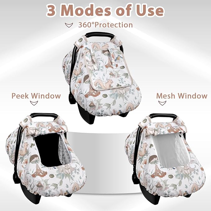 Car Seat Cover Baby Girl Boy, Warm Winter Carseat Cover for Baby, Kick-Proof Infant Car Seat Cover with Peep Window, Windproof & Cozy, Gray Animals