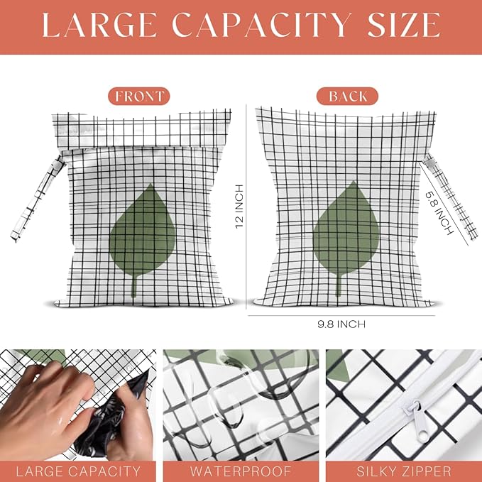 4 Pack Boho Green Abstract Botanical Wet Bag Waterproof Washable Reusable Wet Dry Bag for Swimsuit Dirty Clothes Diaper Travel Beach Pool Gym Christmas Toiletries Beach Essentials，Modern Nordic Style