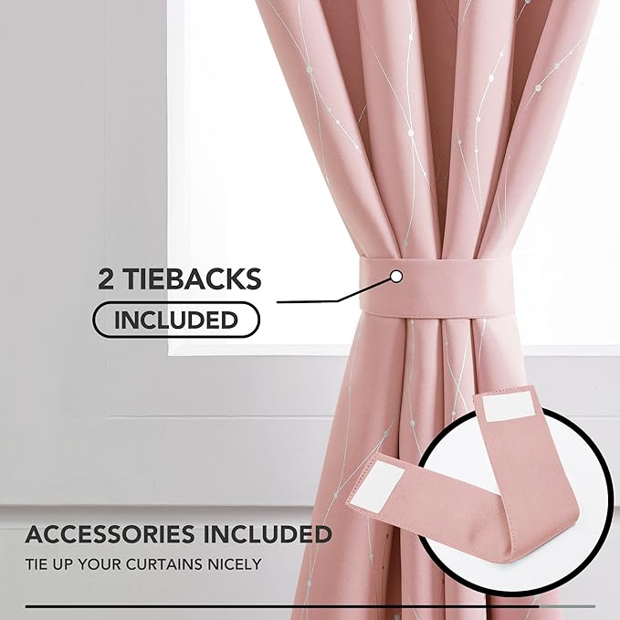 Deconovo Pink Curtains, Blackout Drapes, Thermal Insulated Soundproof Curtain, Silver Wave Dots Print, 52 x 45 Inch Long, Machine Washable Window Panels for Girls Bedroom Living Room Nursery, Set of 2