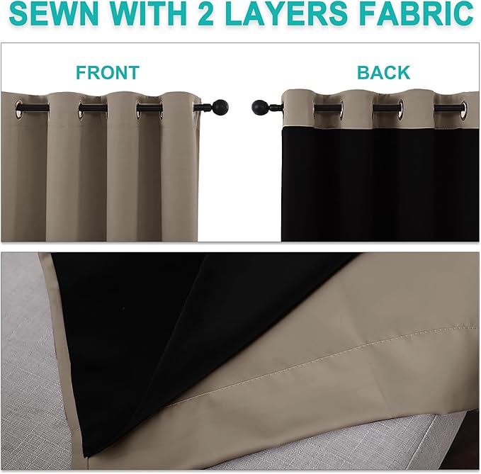 NICETOWN 100% Blackout Blinds, Set of 2, 52 inches x 102 inches, Laundry Room Decor Window Treatment Curtains for Large Patio Sliding Door, Thermal Insulated Taupe Curtains for Bedroom