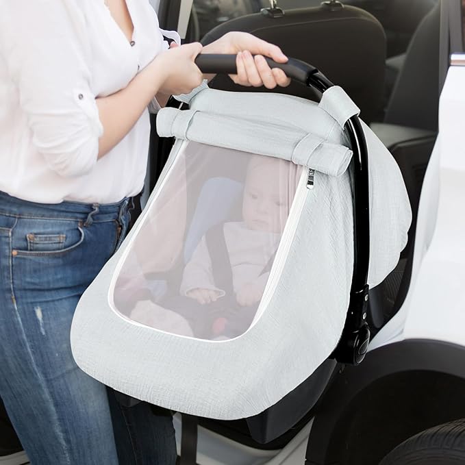 Muslin Car Seat Covers for Babies, Summer Baby Car Seat Cover for Boys Girls with Breathable Window, Lightweight Infant Car Seat Canopy, Gray