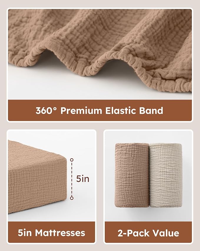 Muslin Pack and Play Sheets Fitted, 100% Cotton Mini Crib Sheets 2 Pack for Pack N Play Mattress, Stretchy Playard Sheet, Soft and Breathable Beige & Brown