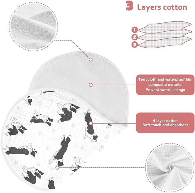 1 Pack Muslin Burp Cloths Collie Dog Paw White Cotton Baby Burp Cloths Absorbent Burping Cloth Soft Spit Up Rags for Newborn Baby Boys Girls 22x11 Inch