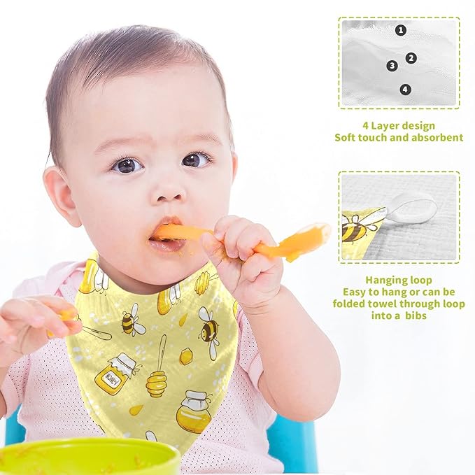 Baby Washcloths Cotton Flying Bees Honey Baby Muslin Washcloths Soft Baby Face Towel for Newborn Infants Baby Wipes, 11.8 X 11.8 Inch, 3 Pack Yellow
