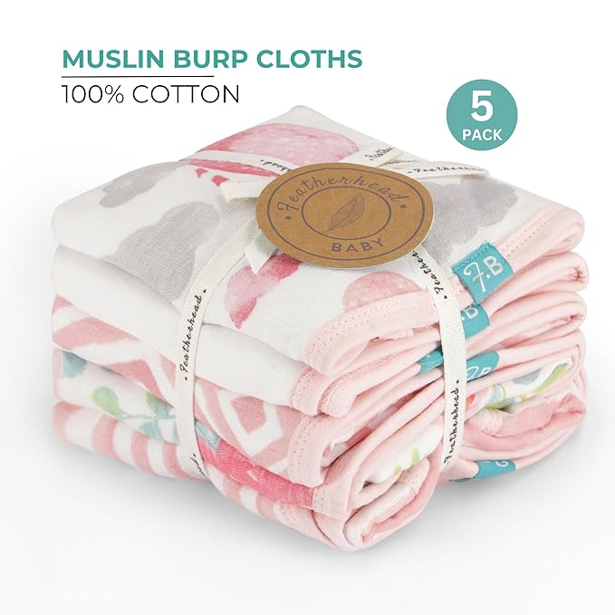 Featherhead™ 5-Pack Muslin Burp Cloths for Baby Girl Large 22" X 11" - Ultra Soft & Extra Absorbent Cotton Terry Backing (Garden Floral)