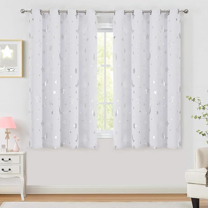 WUBODTI Grey White 100% Blackout Patterned Star Curtains 63 Inch Length for Kids Bedroom Nursery, Cute Baby Short Curtains Silver Star and Moon Galaxy Thermal Insulated Drapes, 2 Panel Sets