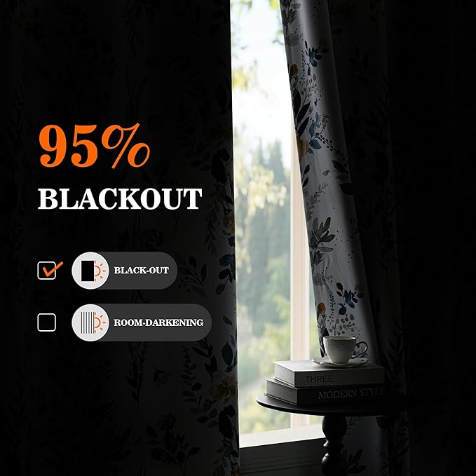 MYSKY HOME 95% Blackout Floral Curtains 90 inch Long for Bedroom Living Room Flower Patterned Room Darkening Thermal Insulated Soundproof Grommet Window Treatments, 2 Panels, 52" Wide, Yellow and Blue
