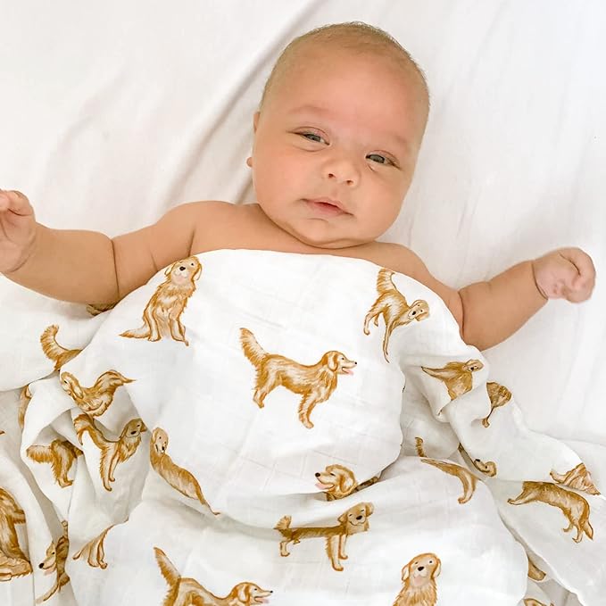 LifeTree Muslin Swaddle Blankets, 70% Viscose from Bamboo and 30% Cotton Baby Swaddle Blankets Unisex Swaddling Blanket for Newborn, Soft Large 47" x 47", Golden Retriever Baby Blanket