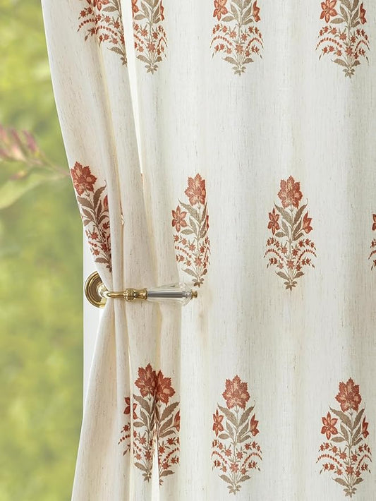 Pinch Pleated Curtains Light Filtering Red Floral Curtains for Living Room Bedroom Dining Room 120 Inches Luxury Linen Drapes Farmhouse Window Curtains with Hooks and Rings - 2 Panels Set, 40" x 120"